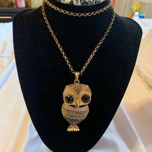 Used. Long Owl Necklace. Gold/Silver/Black Owl.